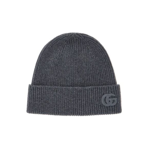 Gucci Men Grey Beanie With Logo Patch On The Front In Wool Man